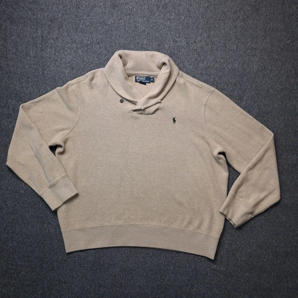 Polo Ralph Lauren Mens Sweater‎ Size XL Shawl Neck Pullover Tan Beige Preppy